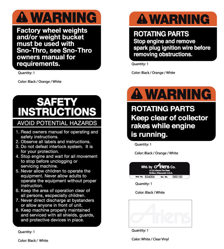 Ariens Snowblower Warning and Safety Decals – Vintage Reproductions