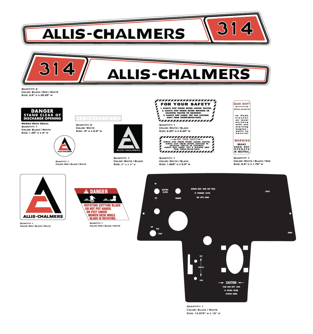 Allis Chalmers 314 Hydro w/ Dash Decal Kit