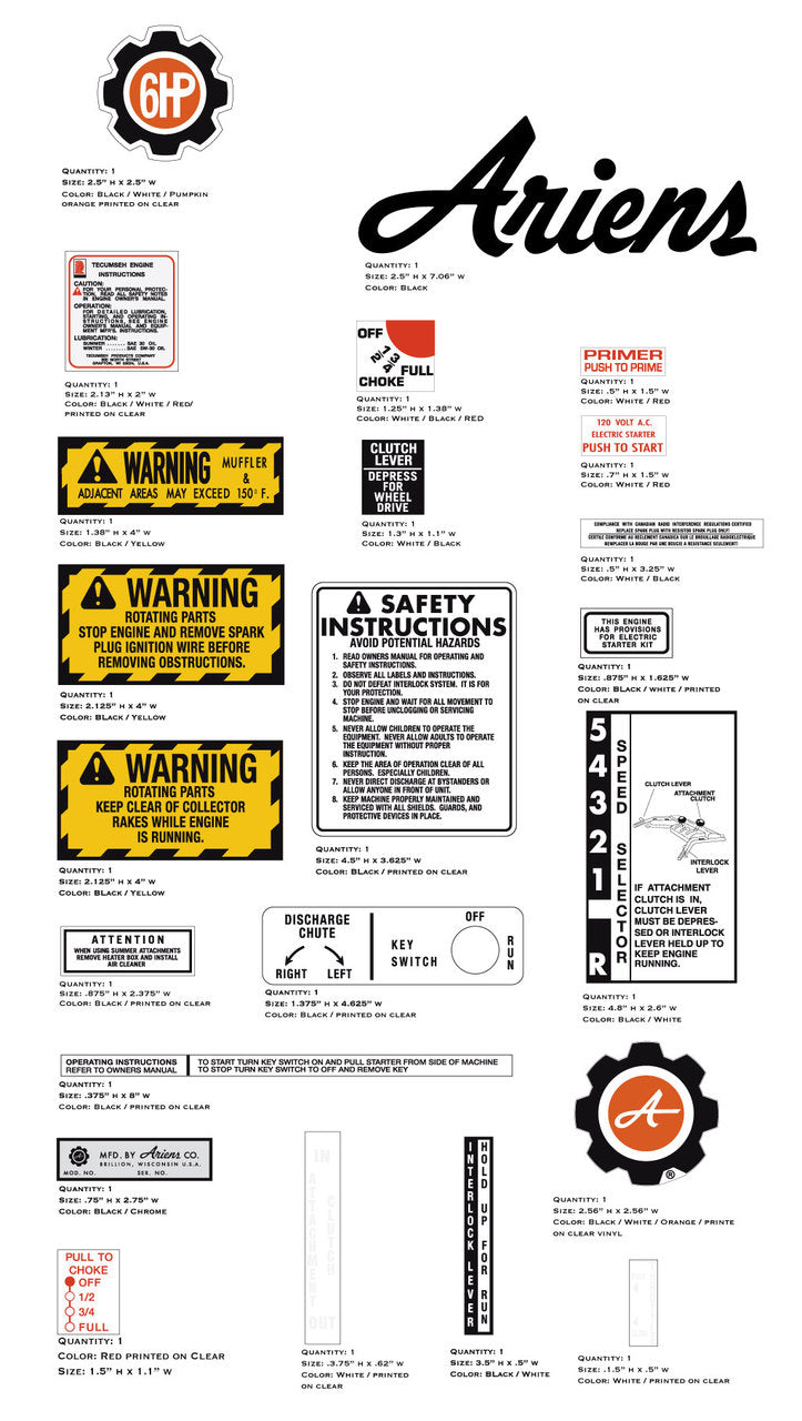 Ariens Sticker Ariens 6HP Snow Blower Assorted Decals – Vintage Reproductions