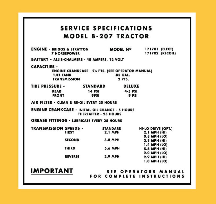 Allis Chalmers B-207 Specification Decal