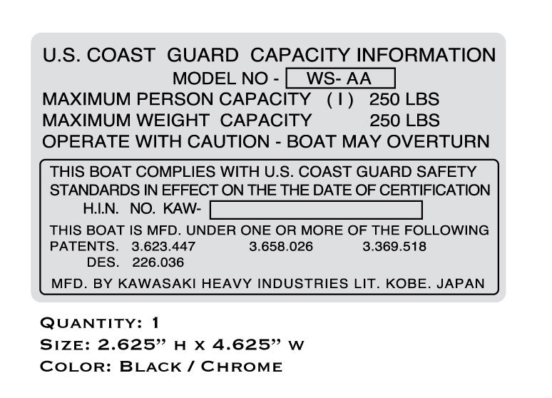 Kawasaki WS-AA Capacity Information Boat Decal