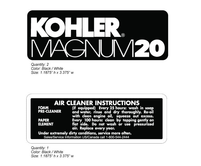 Kohler Magnum 20 & Air Cleaner Engine Decals