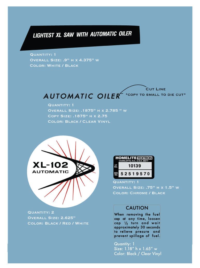 Homelite XL102 Automatic Chainsaw Decals Vintage Reproductions