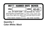 Mott Hammer Knife Lawn Tractor Serial / Model No. Decal
