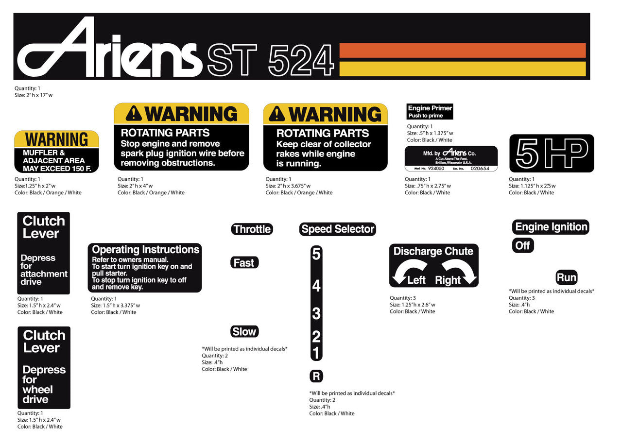 Ariens 1982 ST524 Snowblower decal kit – Vintage Reproductions