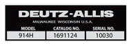 Deutz- Allis Model No. Decal