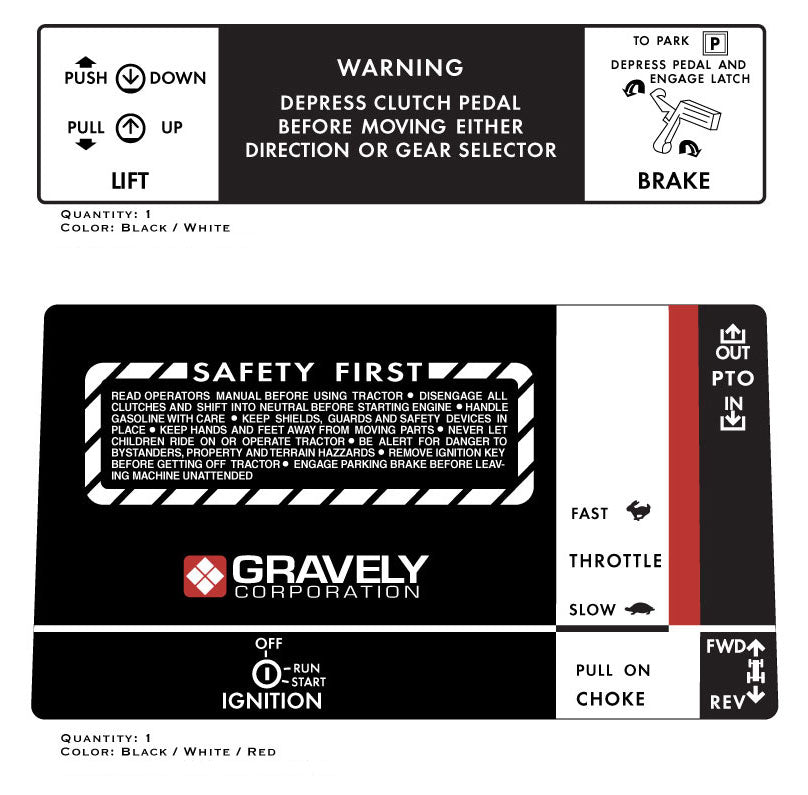 Gravely Safety First and Clutch Pedal Decals