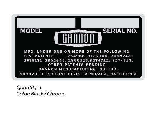 Gannon Model / Serial Number Decal