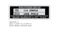 SEARS Model Number / Order Parts Decal