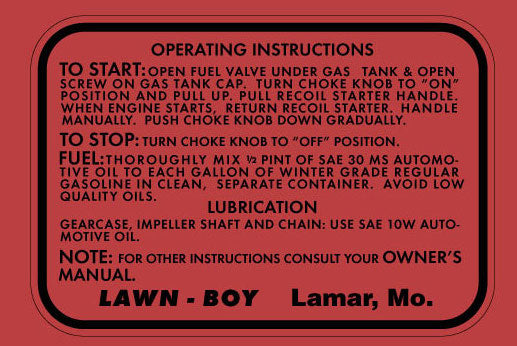 Lawn Boy Operating Instructions Decal