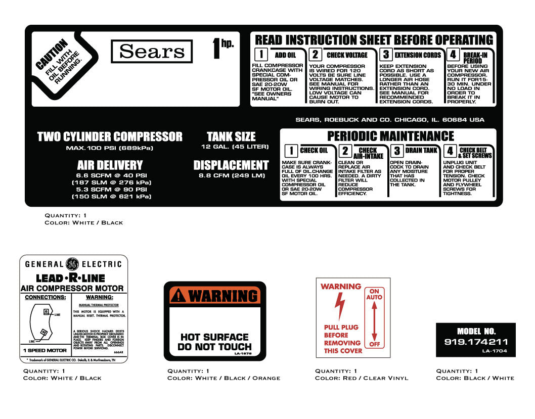 Two Direction Compressor Label SEARS 1HP 2-Cylinder Compressor Decals – Vintage Reproductions