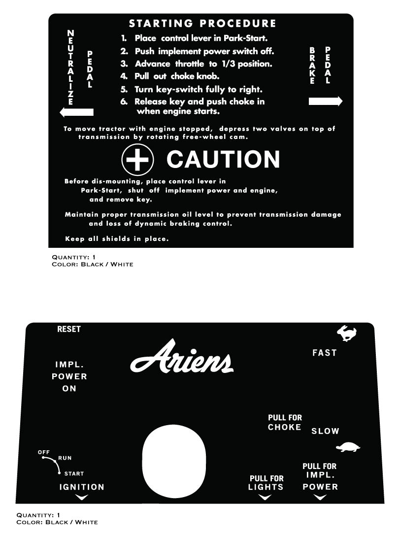 Ariens Sticker Ariens S16 Dash Panel Decals – Vintage Reproductions