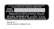 SEARS-Simpson Model Number Decal