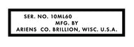 Ariens 1964-1965 Serial Number Decal